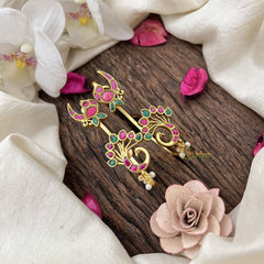 Vriksham Designer Peacock Feather Style Jadau Stud & Ear Cuffs Bugadi With Pearls-Red Green-G20001