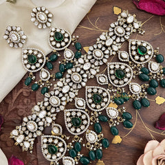 Stylish Green Victorian Diamond Choker-Green Beads-VV1880