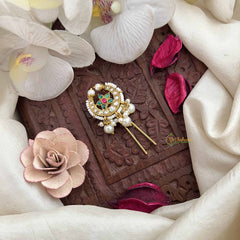 Vriksham Half Moon & Floral Kundan Jadau Jada Billai-White & Green-Pearls-J3843