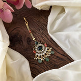 Ad Stone Maang Tikka-Coral-Aqua Green Beads-Pearl-G13588