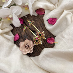 Vriksham Peacock Motif Drops Jadau Stud & Ear Cuffs Bugadi With Pearls-Red Green-G20002