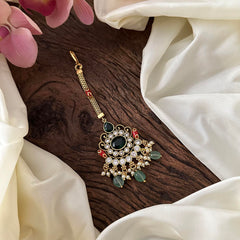 Ad Stone Maang Tikka-Coral-Aqua Green Beads-Pearl-G13588