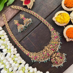 Vriksham Lakshmi Dual Peacock Pendant Long Neckpiece-Red-Pastel Green Bead-G21280