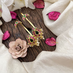 Vriksham Peacock Motif Drops Jadau Stud & Ear Cuffs Bugadi With Pearls-Red Green-G20002