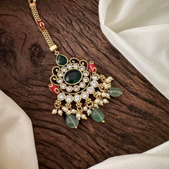 Ad Stone Maang Tikka-Coral-Aqua Green Beads-Pearl-G13588