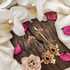 Vriksham Peacock Motif Drops Jadau Stud & Ear Cuffs Bugadi With Pearls-Red Green-G20002