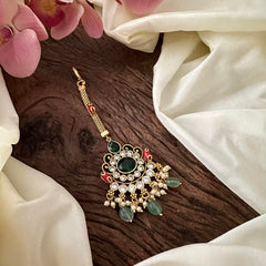 Ad Stone Maang Tikka-Coral-Aqua Green Beads-Pearl-G13588