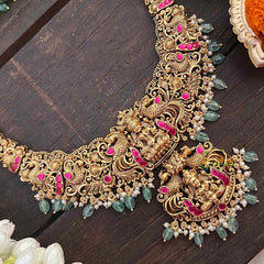 Vriksham Lakshmi Dual Peacock Pendant Long Neckpiece-Red-Pastel Green Bead-G21280