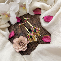 Vriksham Peacock Motif Drops Jadau Stud & Ear Cuffs Bugadi With Pearls-Red Green-G20002