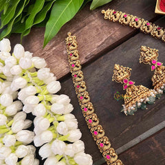 Vriksham Lakshmi Dual Peacock Pendant Long Neckpiece-Red-Pastel Green Bead-G21280