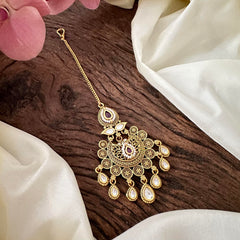 Designer Red AD Stone Maang Tikka-Tear Drop-Pearl-G13539