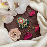 Vriksham Elegant Floral Style Kundan Jadau Jada Billai-Red White & Green-Green Bead-J3839