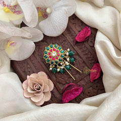 Vriksham Elegant Floral Style Kundan Jadau Jada Billai-Red White & Green-Green Bead-J3839