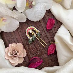 Vriksham Half Moon & Diya Kundan Jadau Jada Billai-White & Green-Aqua Green Bead & Pearls-J3842