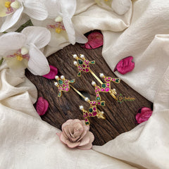 Vriksham Traditional Parrot Kundan Jadau Stud & Ear Cuffs Bugadi With Pearl-Red Green-G20005