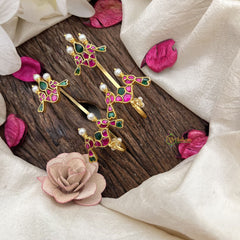 Vriksham Traditional Parrot Kundan Jadau Stud & Ear Cuffs Bugadi With Pearl-Red Green-G20005