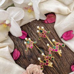 Vriksham Traditional Parrot Kundan Jadau Stud & Ear Cuffs Bugadi With Pearl-Red Green-G20005