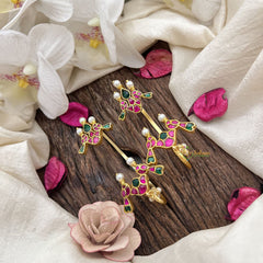 Vriksham Traditional Parrot Kundan Jadau Stud & Ear Cuffs Bugadi With Pearl-Red Green-G20005