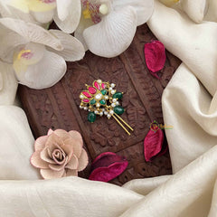 Vriksham Premium Lotus Kundan Jadau Jada Billai-Red White & Green-Green Bead-J3835