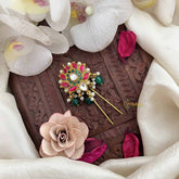 Vriksham Antique Lotus Floral With Red Green & White Stones Jada Billai-Green Bead-J3824