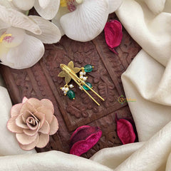 Vriksham Minimality Floral Style Kundan Jadau Jada Billai-White & Green-Green Bead & Pearls-J3841