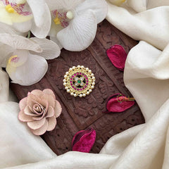 Vriksham Four Leaf Floral Kundan Jadau Jada Billai-White Red & Green-Pearls-J3845