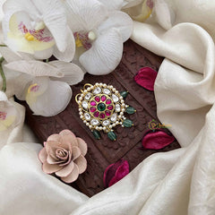 Vriksham Leaf Shape Floral Kundan Jadau Jada Billai-White Red & Green-Aqua Green Bead & Pearls-J3846