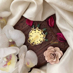 Vriksham Leaf Shape Floral Kundan Jadau Jada Billai-White Red & Green-Aqua Green Bead & Pearls-J3846