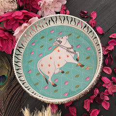 Vriksham Silver Pichwai Tray-Cow Design-Aqua Green-RG179
