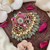 Vriksham Dual Peacock Kundan Jadau Jada Billai-White Red & Green-Aqua Green Bead & Pearls-J3847