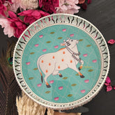Vriksham Silver Pichwai Tray-Cow Design-Aqua Green-RG179
