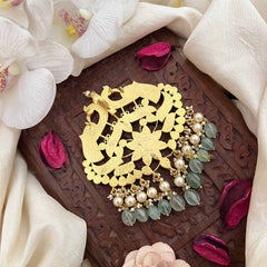 Vriksham Dual Peacock & Floral Kundan Jadau Jada Billai-White Red & Green-Aqua Green Bead & Pearls-J3848