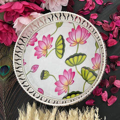 Vriksham Silver Pichwai Tray-Lotus Design-White-RG180
