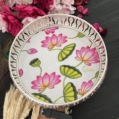 Vriksham Silver Pichwai Tray-Lotus Design-White-RG180
