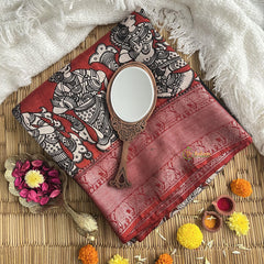 Black Red Kalamkari Saree with Kanchi Border-VS4144