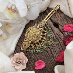 Vriksham Elegant Peacock Gold Look Alike Hair Clip-Red Green-Green Drop-G20564