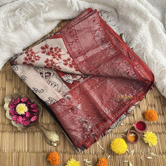 Black Red Kalamkari Saree with Kanchi Border-VS4144