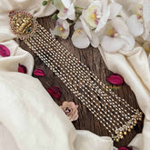 Vriksham Lakshmi Idol With Floral Design Jada Billai- Red & Green-Pearls Line Drop-G20556