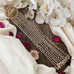 Vriksham Lakshmi Idol With Floral Design Jada Billai- Red & Green-Pearls Line Drop-G20556