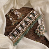 White & Green Mossanite Victorian Diamond High Neck Choker with Beads - VV1379