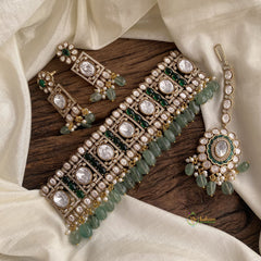 White & Green Mossanite Victorian Diamond High Neck Choker with Beads - VV1379