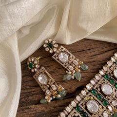 White & Green Mossanite Victorian Diamond High Neck Choker with Beads - VV1379