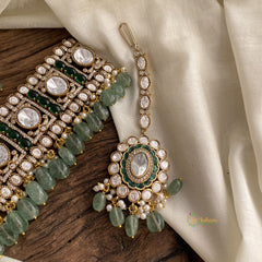 White & Green Mossanite Victorian Diamond High Neck Choker with Beads - VV1379