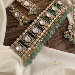 White & Green Mossanite Victorian Diamond High Neck Choker with Beads - VV1379