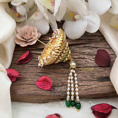 Vriksham South Style Tamil Iyengar Golden Red Green With Pearls Coted Andal Kondai-G20560