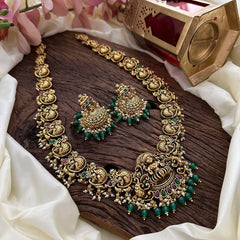 Antique Lakshmi Long Neckpiece-Green Bead-Pearl-G14135