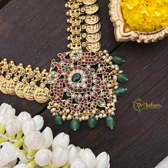 Vriksham Dual Peacock Kemp Stone Kaasumala-Lakshmi Coin Neckpiece-Pastel Green Bead-G21319