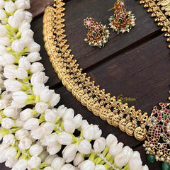 Vriksham Dual Peacock Kemp Stone Kaasumala-Lakshmi Coin Neckpiece-Pastel Green Bead-G21319