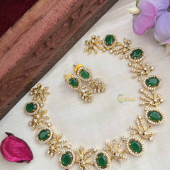 Vriksham Grand Look Oval Shape With Leaf AD Stone Neckpiece-Green-G20581