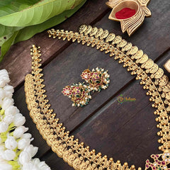 Vriksham Dual Peacock Kemp Stone Kaasumala-Lakshmi Coin Neckpiece-Pastel Green Bead-G21319